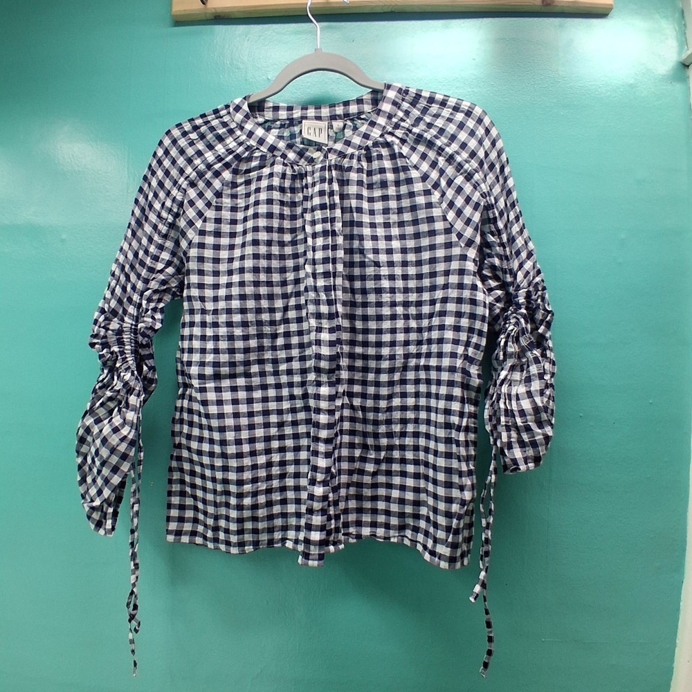 Gap Gingham Ruched Sleeve Blouse Small Navy White Cottagecore Picnic Boho Top